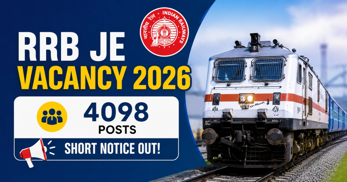 RRB JE Vacancy 2026 feature image showing Indian Railways locomotive with 4098 posts and short notice released