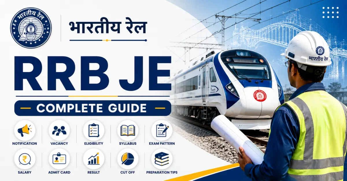 RRB JE Complete Guide feature image showing Railway Junior Engineer exam with railway engineer, train, and engineering theme.