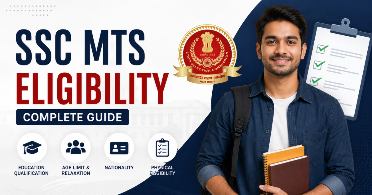 SSC MTS Eligibility Guide feature image showing eligibility checklist with education, age limit, nationality and physical eligibility for SSC MTS recruitment.