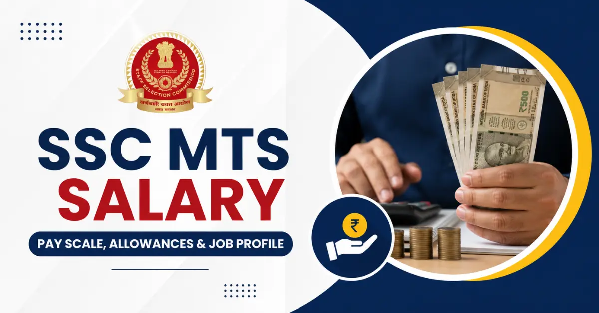 SSC MTS Salary feature image showing Indian currency, salary concept, pay scale, allowances and government job career.