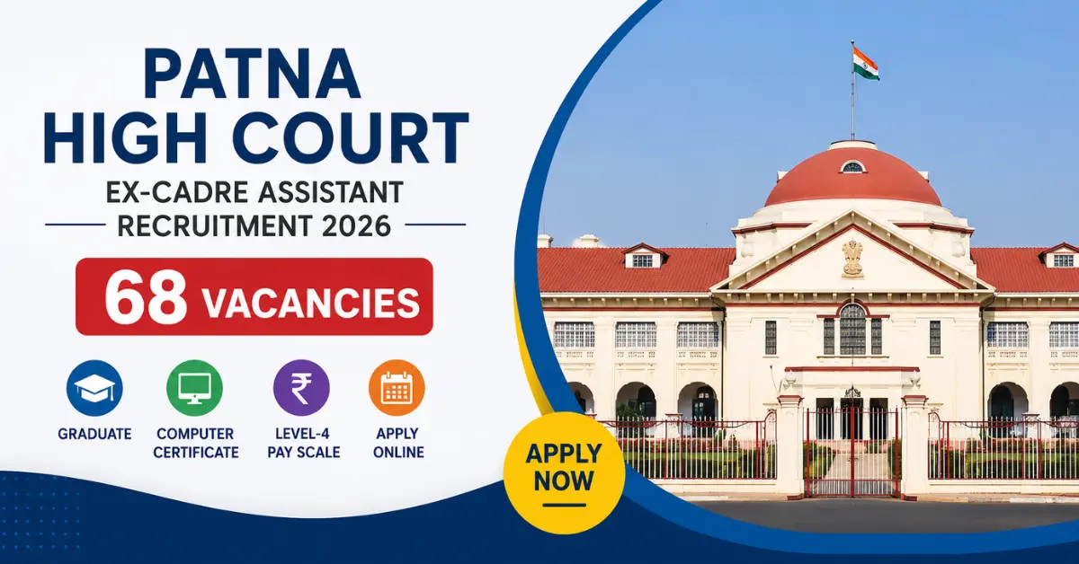 Patna High Court Ex-Cadre Assistant Recruitment 2026 feature image showing 68 vacancies for Graduate candidates with online application details.