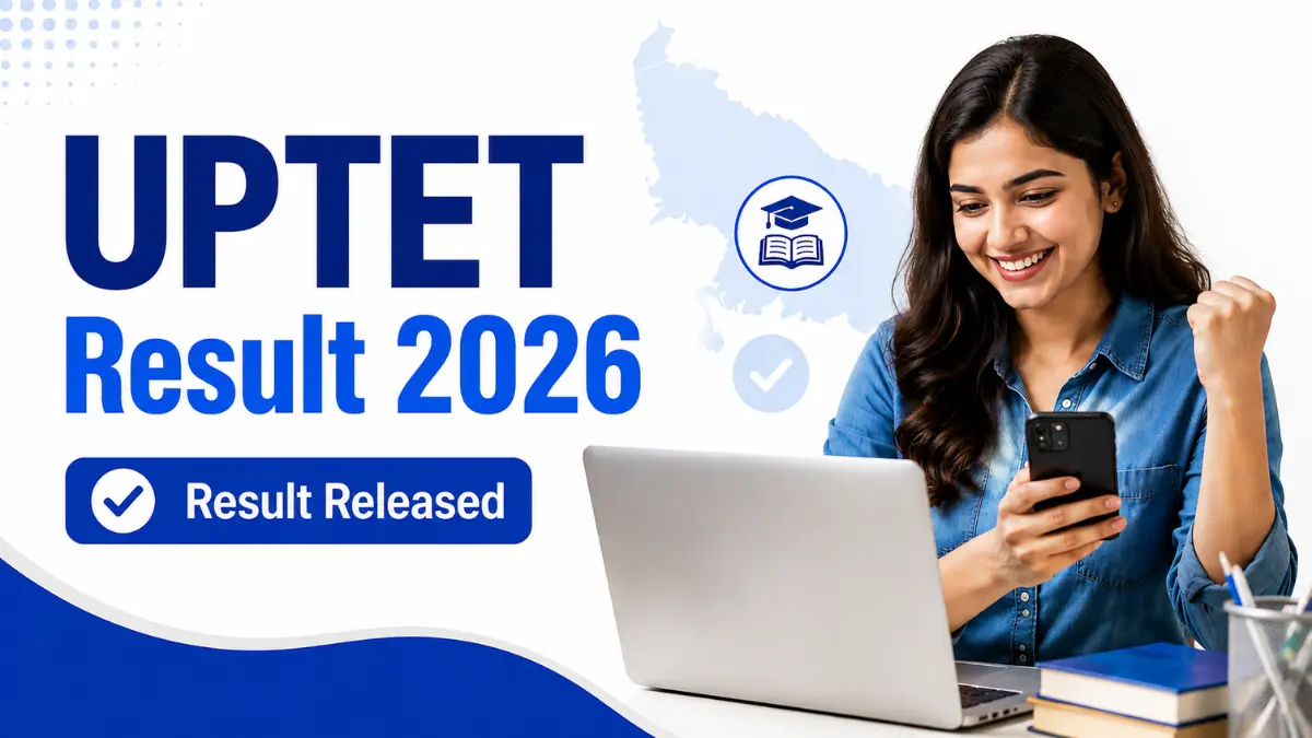 UPTET Result 2026 released featured image showing a happy female candidate checking result on mobile and laptop