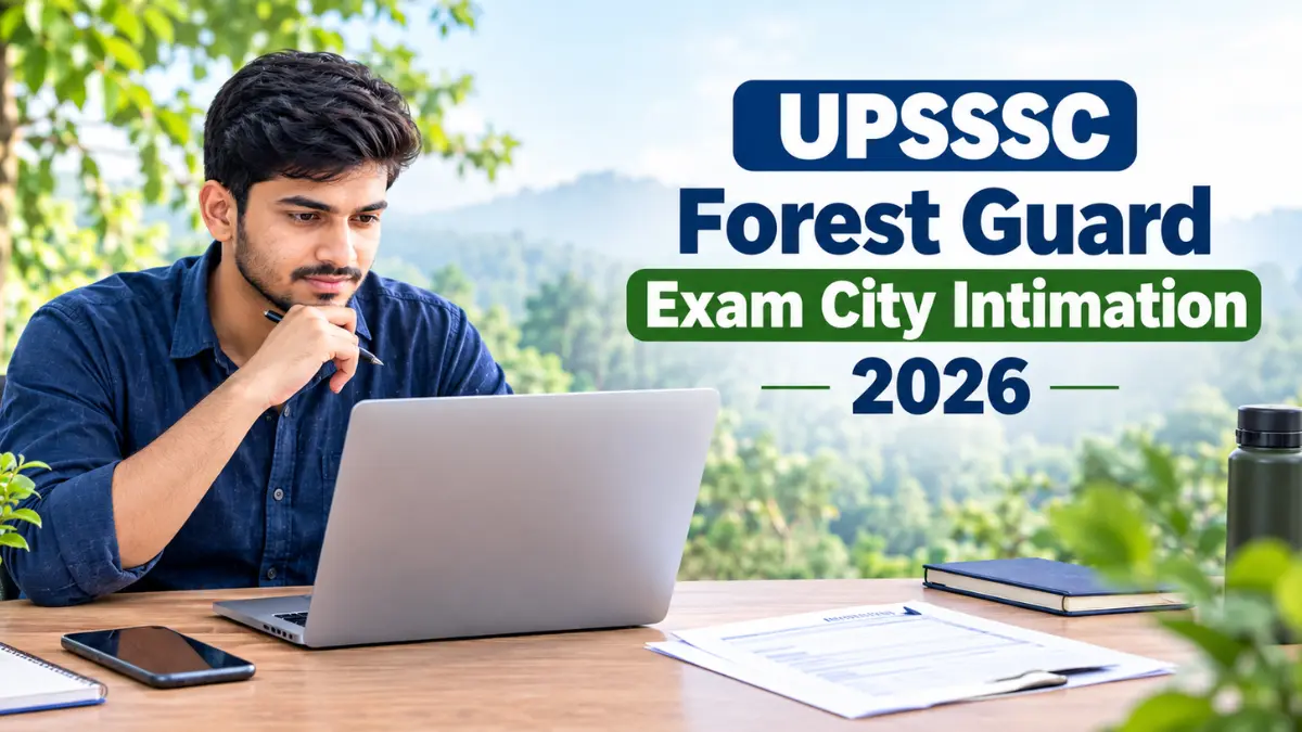 Forest Guard Exam Date 2026, City Intimation 2026 की जानकारी देखते हुए लैपटॉप पर पढ़ाई करता युवा अभ्यर्थी