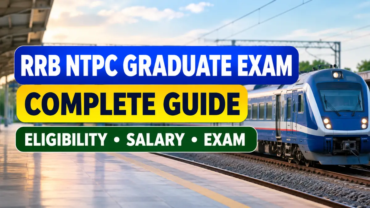RRB NTPC Graduate Exam Complete Guide 2026 – Eligibility, Salary और Exam की जानकारी दर्शाती ट्रेन और रेलवे स्टेशन की इमेज।