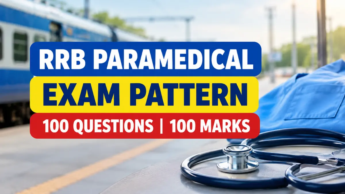 RRB Paramedical Exam Pattern showing 100 questions and 100 marks for the Railway Paramedical CBT exam, with a railway train and medical stethoscope in the background